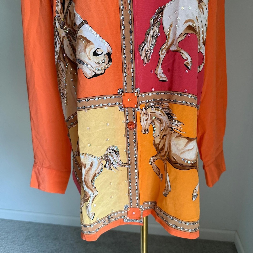 Vintage Diane Gilman Silk Equestrian‎ Horse Bling Blouse Medium Maximal Colorful - Picture 6 of 10